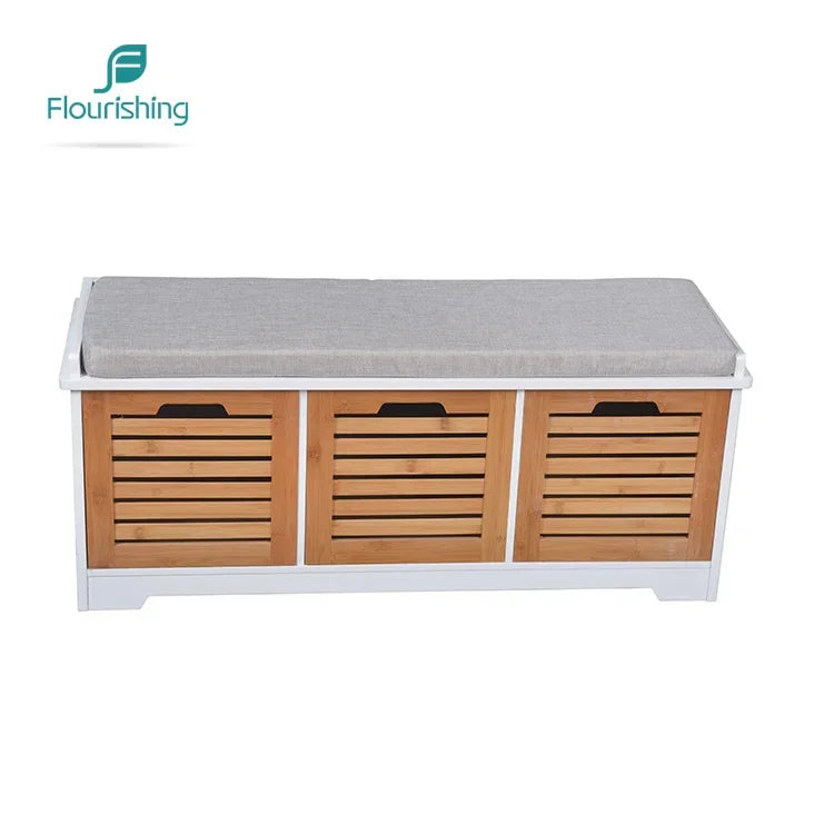 Entryway Hallway Furniture Wooden MDF Bamboo Storage Ottoman with Soft Seat Cushion Shoe Cabinet with Louver Drawer