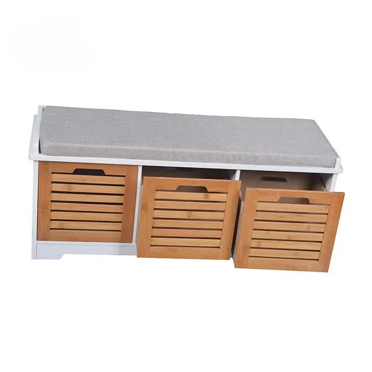 Entryway Hallway Furniture Wooden MDF Bamboo Storage Ottoman with Soft Seat Cushion Shoe Cabinet with Louver Drawer