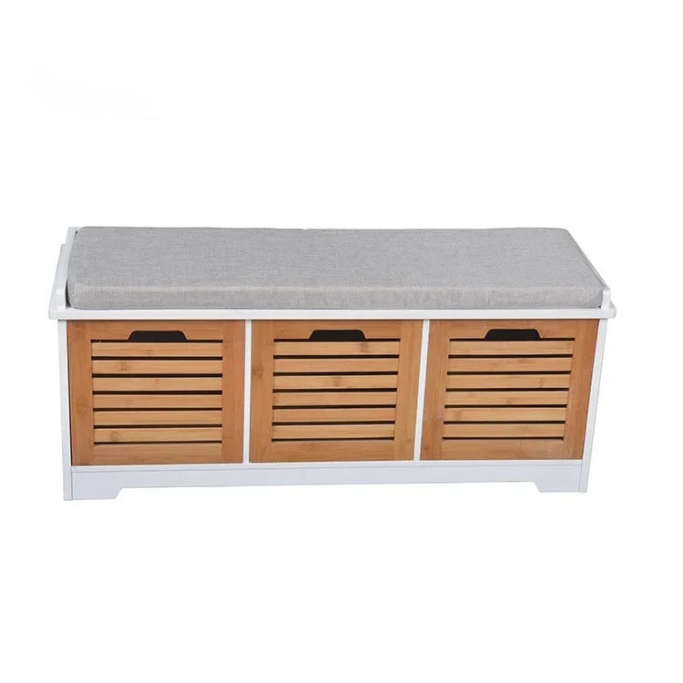 Entryway Hallway Furniture Wooden MDF Bamboo Storage Ottoman with Soft Seat Cushion Shoe Cabinet with Louver Drawer