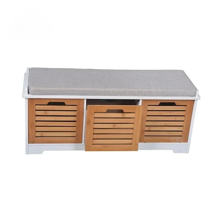 Entryway Hallway Furniture Wooden MDF Bamboo Storage Ottoman with Soft Seat Cushion Shoe Cabinet with Louver Drawer