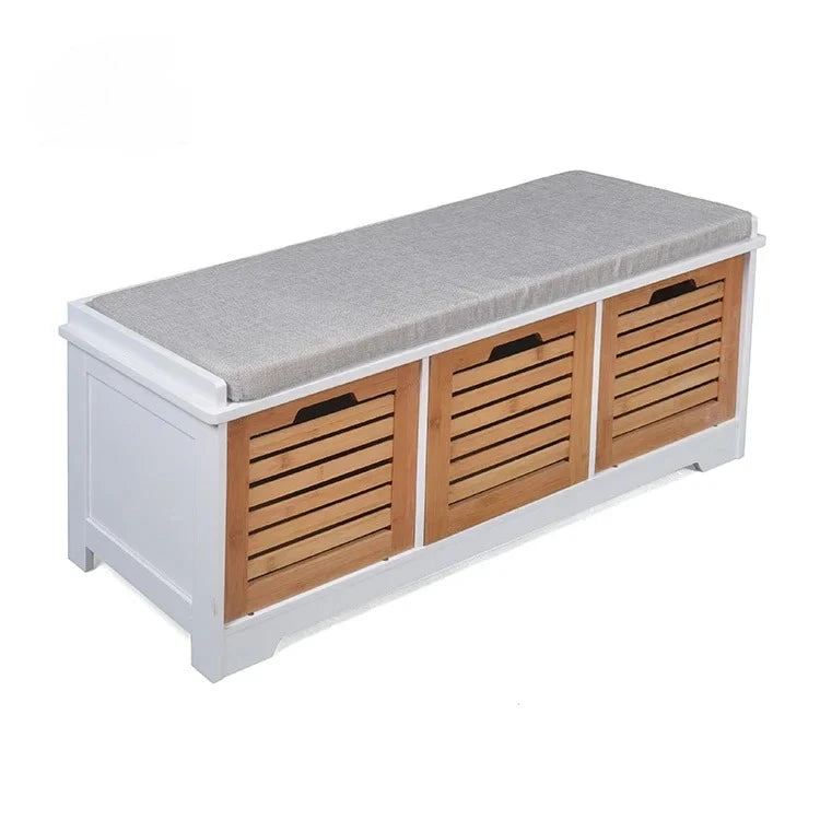 Entryway Hallway Furniture Wooden MDF Bamboo Storage Ottoman with Soft Seat Cushion Shoe Cabinet with Louver Drawer