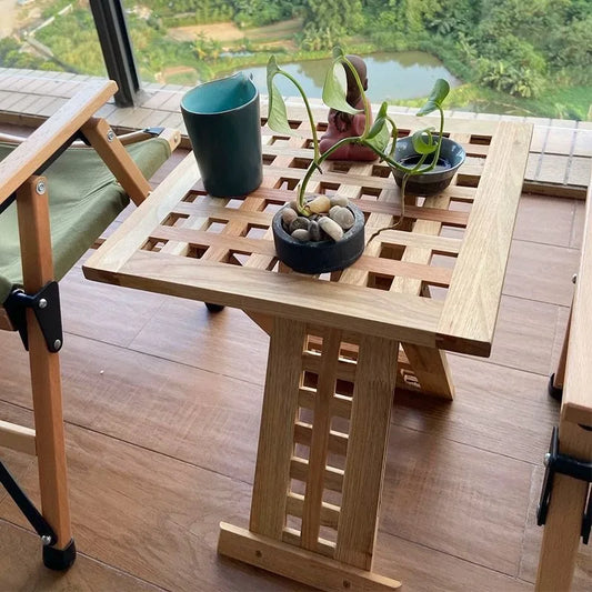 Solid Wood Balcony Coffee Tables Square Grid Portable Fold Bedside Table Nordic Simple Countryside Non-install Home Furniture