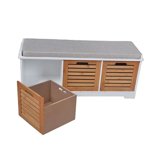 Entryway Hallway Furniture Wooden MDF Bamboo Storage Ottoman with Soft Seat Cushion Shoe Cabinet with Louver Drawer